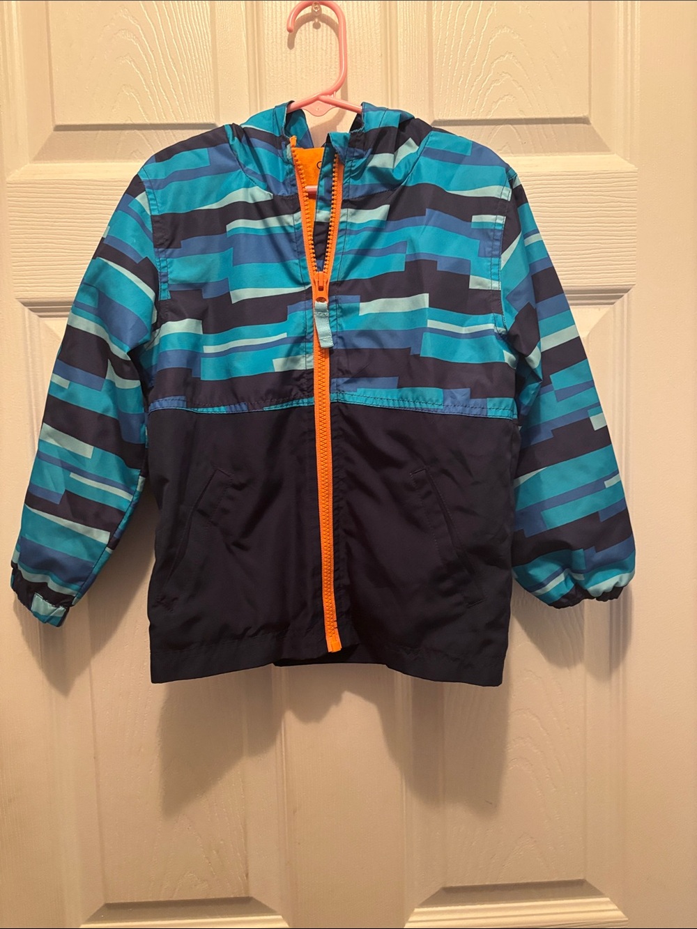 Cherokee Blue Striped Hooded Rain/Windbreaker Jacket with Orange Zipper